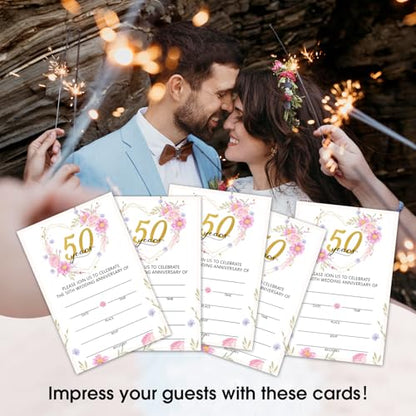 50 Years Anniversary Bridal Shower Invitations Cards, Set of 25 Pink Floral Fill in Style 50th Year Wedding Invites Cards with Envelopes for Couples Marriage Party Supplies-T06 - color: 50 Years-02