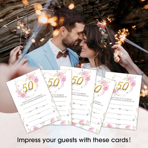 50 Years Anniversary Bridal Shower Invitations Cards, Set of 25 Pink Floral Fill in Style 50th Year Wedding Invites Cards with Envelopes for Couples Marriage Party Supplies-T06 - color: 50 Years-02