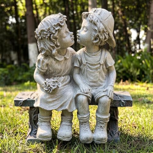First Kiss Garden Outdoor Statue Decorative, Flower Bed Decor Puppy Love Kissing Couple, Boy and Girl Kissing Garden Figurine for Yard Patio Art - color: First Kiss