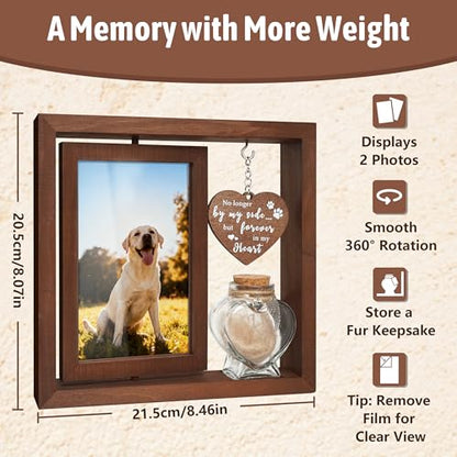 Dog Memorial Gifts for Loss of Pet - Rotating Wooden Frame for 4x6 Photo & Fur Hair Jar - Sympathy Gift for Pet Bereavement, Remembrance Keepsake - Rainbow Bridge Gift for Cat Lovers