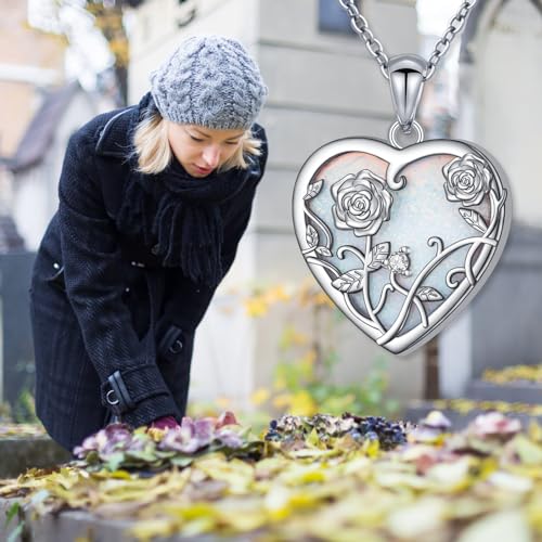 Yearace Urn Necklace for Ashes Sterling Silver Filigree Locket Necklace that Holds Pictures Heart Keepsake Memorial Necklace Cremation Jewelry for Ashes for Women Men - style: Opal Rose Urn Necklace