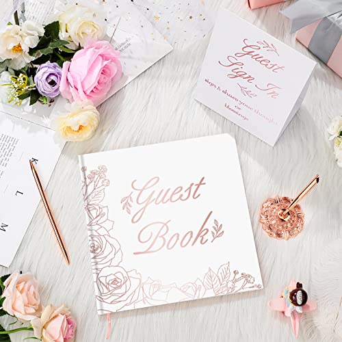 Wedding Guest Book with Pen Table Cards 9x9 Inch,Classic Style | 50 Sheets Hardcover Sign in Book, Rose Gold Floral Design, Includes Metal Pen with Stand, Bridal Shower Baby Shower - style: Classic Style