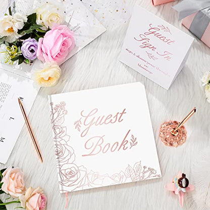 Wedding Guest Book with Pen Table Cards 9x9 Inch,Classic Style | 50 Sheets Hardcover Sign in Book, Rose Gold Floral Design, Includes Metal Pen with Stand, Bridal Shower Baby Shower - style: Classic Style
