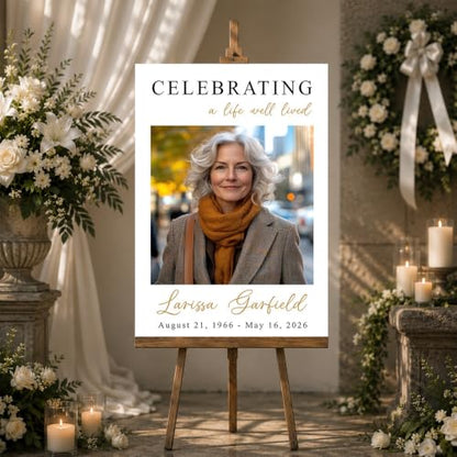 Personalized Funeral Welcome Sign with Photo for Celebration of Life #10 | Elegant Celebration Tribute Canvas Display, Celebration Tribute Board, Forever In Our Hearts Keepsake for Loved Ones - color: Version #10
