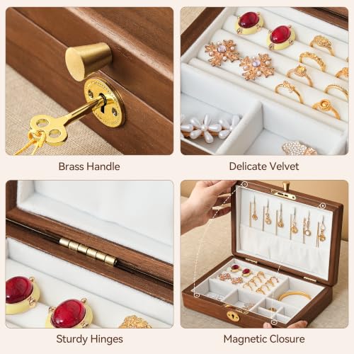 Black Walnut Wooden Lockable Jewelry Box, Necklace Organizer Case for Women - color: 1 Layer Lockable