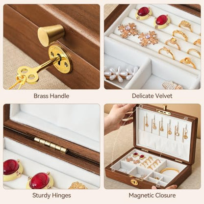 Black Walnut Wooden Lockable Jewelry Box, Necklace Organizer Case for Women - color: 1 Layer Lockable