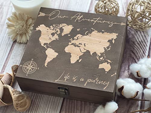 Our Adventures Wooden Keepsake Box, 8.5x8x2.5 in, Dark Walnut - color: Dark Walnut Our Adventure