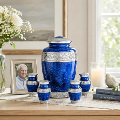 Blue Marble Cremation Urn Set for Human Ashes – Large Adult Memorial Urn with 4 Keepsake Urns, Family Sharing Urn Set, Tribute of Love and Remembrance - color: Blue
