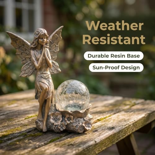 Solar Fairy Garden Statue with Crackled Glass Globe Light - color: Bronze Bronze Fairy