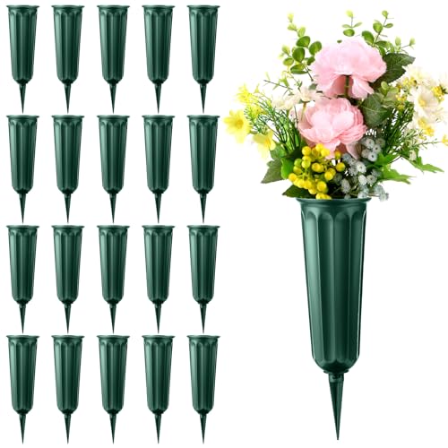20 Pack Cemetery Vases with Spikes,Plastic Vases for Flowers,Grave Decorations for Cemetery,Grave Flower Holder,Memorial Floral Vase(Green) - color: Green