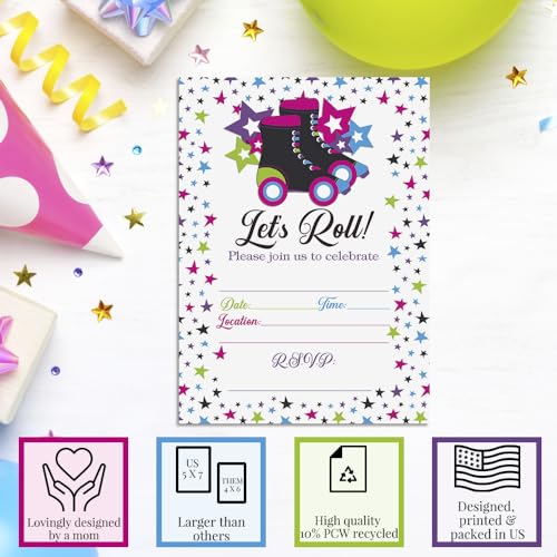 Let’s Roll Star Roller Skating Birthday Party Invitations, 20 5x7 Fill In Cards with Twenty White Envelopes by AmandaCreation - style: Let’s Roll Star Roller Skating