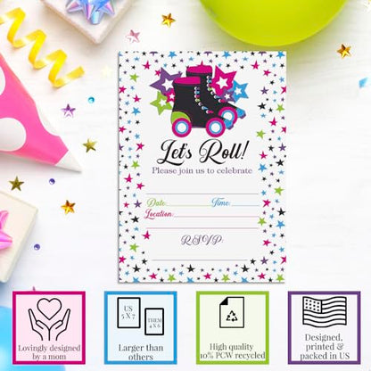 Let’s Roll Star Roller Skating Birthday Party Invitations, 20 5x7 Fill In Cards with Twenty White Envelopes by AmandaCreation - style: Let’s Roll Star Roller Skating