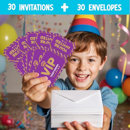 Purple Golden Vip Birthday Party Invitations, Movie VIP Invitations Card for Boys Girls (30 Cards & 30 Envelopes) - color: Purple Gold