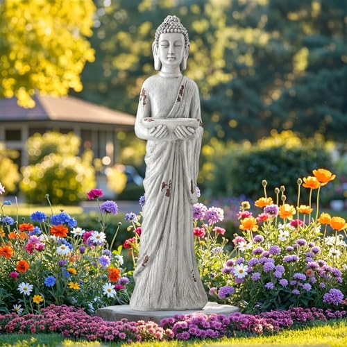 Extra-Large Buddha Statue Outdoor, 42 in Asian Decor with Birdfeeder | Zen Garden Sculpture for Indoor, Patio, Yard or Porch, Durable Weatherproof Magnesium Oxide Stone - color: Asian Buddh-42.1"