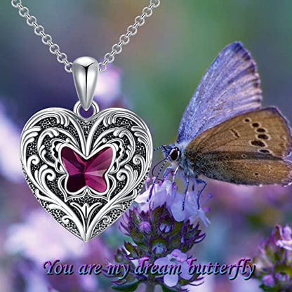 SOULMEET Personalized Butterfly Locket Necklace That Holds Up to 2 Pictures, Memorial Insects Silver Butterfly Photo Locket Custom Any Photo Healing Gift - color: H-Crystal Purple, style: Locket Necklace Only