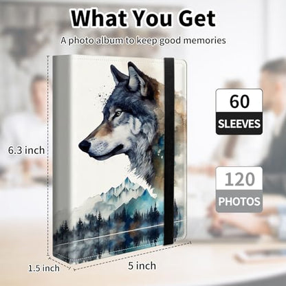 Photo Album 4x6 120 Pockets Photos with Elastic Band, Cute PU Leather Photo Books Small Mini Capacity Picture Album for Family Wedding Travel Anniversary Baby Vacation Pictures, Art Wolf - color: Art Wolf