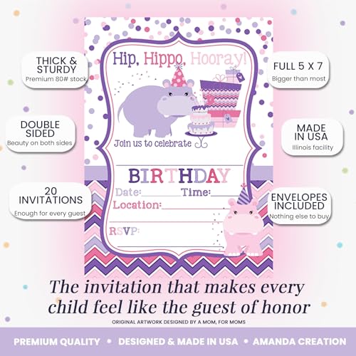 Amanda Creation Hippo Birthday Invitations for Girls, 20 Pack 5x7 Fill-In Party Cards with White Envelopes, Hip Hippo Hooray Cute Animal Design, Made in USA - color: Hip Hippo Hooray Hippopotamus