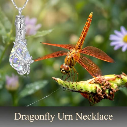 Butterfly/Dragonfly/Ladybug/Bee/Hummingbird Urn Necklace for Ashes Teardrop Crystal Keepsake Pendant Memorial Jewelry with Funnel Filler for Women - color: Dragonfly
