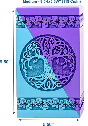 Wooden Cremation Urn for Human Ashes, 180 Cu in, Large, Blue & Purple | Hand-carved wood, blue and purple, screw-locked sliding base, engraving available, holds up to 180 lb - color: Blue & Purple, size: Medium - 9.5Hx5.5W (180 Cu/In)