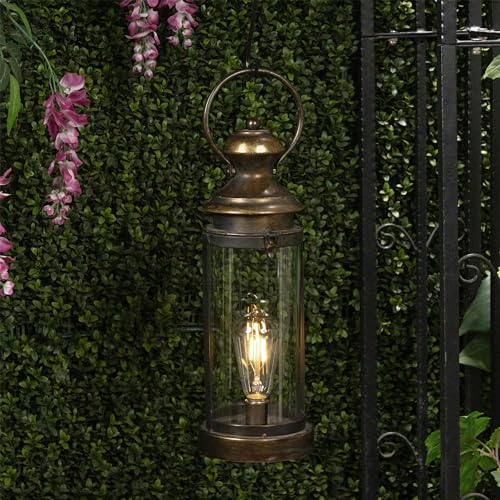 Alpine Corporation ILT102HH-S-GD Gold Metal & Glass Lantern with Warm White LED Light, LED Patio Light, 17" H, Small, Gold - style: 19" H - Gold Metal and Glass w/ Light