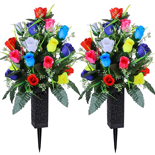 LVXINLI 2 Sets Artificial Cemetery Flowers,Outdoor Grave Decorations Roses,Beautiful Arrangements Bouquet with Cemetery Vase,Lasting and Non-Bleed Colors (Colorful) - color: Colorful