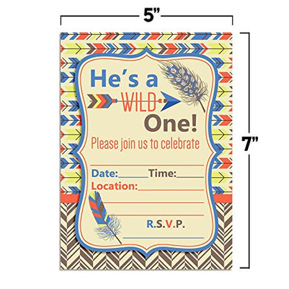 Wild One Boy, Tribal Boho Birthday Party Invitations Fill In Invitations, 20 5x7 Fill In Cards with Twenty White Envelopes by AmandaCreation - style: Wild One Boy