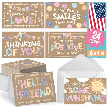 Hadley Designs Thinking of You Cards with Envelopes - 24 Hello Greeting Cards Thinking of You Card for Men & Women Bulk, Blank Encouragement Card for Kids, Just Because Cheerful Encouraging Notecards - style: Kraft Colorful
