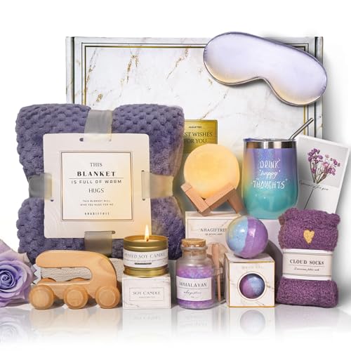 AHAGIFTREE Birthday Gifts for Women,Gift Basket for Women with Moon Lamp,11PC Self Care Gifts,Get Well Soon After Surgery,Relaxing Spa Gifts,Surgery Recovery,Sympathy - color: Blue Purple