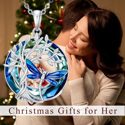 TOUPOP Butterfly Necklace for Women 925 Sterling Silver Tree of Life Butterflies Dragonfly Hummingbird Pendant Necklaces Crystal Jewelry Anniversary Christmas Birthday Gift for Her - color: Dragonfly Blue