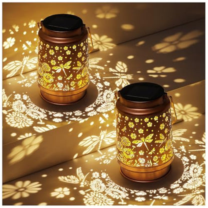 2 Pack Dragonfly Solar Lanterns Outdoor Waterproof Daisy Garden Decor Birthday Gifts for Women Mom Grandma Hanging Solar Lights Metal Lantern Decoration Outside for Porch,Patio,Yard,Backyard - style: P. 2 Pack Dragonfly Lantern