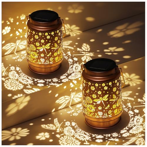 2 Pack Dragonfly Solar Lanterns Outdoor Waterproof Daisy Garden Decor Birthday Gifts for Women Mom Grandma Hanging Solar Lights Metal Lantern Decoration Outside for Porch,Patio,Yard,Backyard - style: P. 2 Pack Dragonfly Lantern