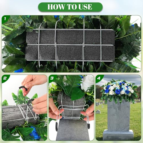 Artificial Cemetery Flowers, Saddle Headstones Decoration, Artificial Rose Daisy Bouquet Graveyard Memorial Flowers (Blue and White)