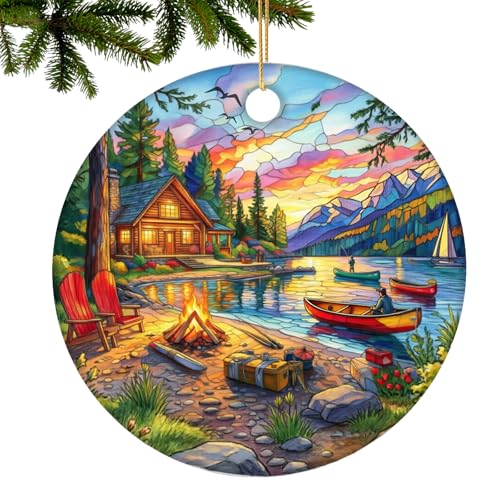Mountain Lake Bonfire Ceramic Christmas Ornament, Round, Stained Glass Style, Cabin Scene, Holiday Home Decor Gift Christmas Thanksgiving Anniversary - color: Lake House