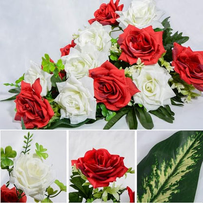 XONOR Artificial Cemetery Flowers, Memorial Rose Flowers Grave Decoration Flower Bouquets with Vase for Cemetery Graveyard Headstones Decor, Set of 2 (Red&White)