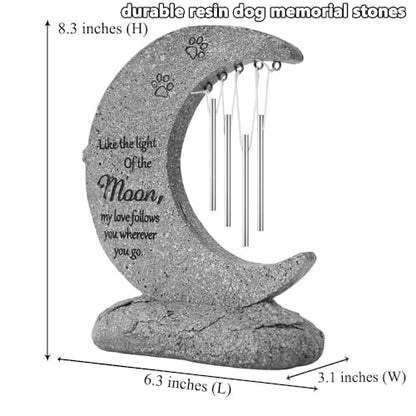 Pet Dog Memorial Stone Headstone Grave Marker with Windchimes | Pet Gravestone for Dog Lost, Moon Shape, Weatherproof, Handmade of Resin, Sympathy Pet Dog Cat Memorial Gifts Outdoor