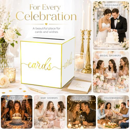 White and Gold Foil Card Box for Wedding, Bridal Shower and Anniversary | Collect Cards and Envelopes in One Place with an 8.7 Inch Cube, Wide Top Slot and Elegant White Gold Foil Design - color: White Gold