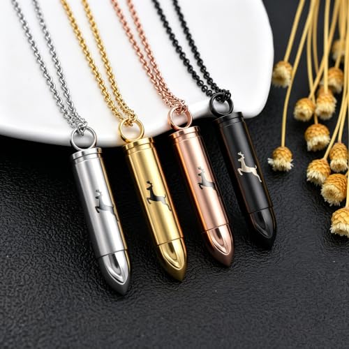 SIYUU Bullet Cremation Jewelry for Ashes Vial Deer Engraved Urn Necklace Stainless Steel Ash Container Keepsake Pendant Memorial Jewelry for Men Women - color: Customize