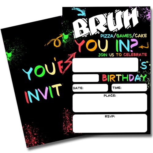 Boy Games Birthday Invitations for Boys Party Invites with Envelopes 20 - color: Neon Bruh You In