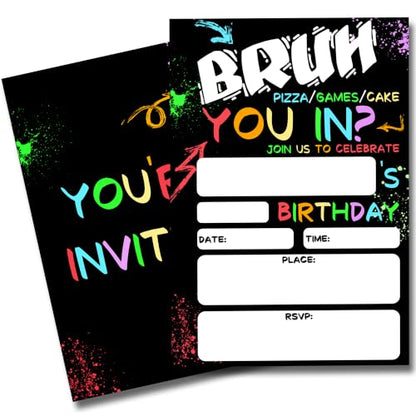 Boy Games Birthday Invitations for Boys Party Invites with Envelopes 20 - color: Neon Bruh You In