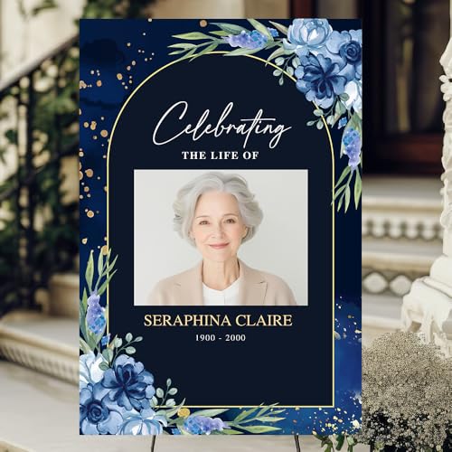 Personalized Celebration of Life Sign with Photo, Custom Funeral Welcome Poster, In Loving Memory Memorial Sign, Elegant Dark Blue Green Floral Decor for Funeral - color: Memorial 12