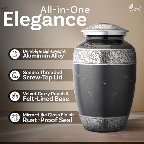 Marble Finish Metal Cremation Urn for Human Ashes, 200 Cu in, Black - color: Black, size: Large