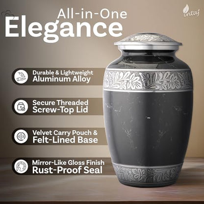 Marble Finish Metal Cremation Urn for Human Ashes, 200 Cu in, Black - color: Black, size: Large