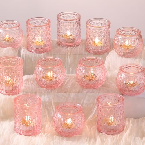 DARJEN 12Pcs Pink Votive Candle Holders- Glass Candle Holders Bulk for Flameless Tea Waxes, Romantic Candle Holder for Wedding & Parties, Home Table Decor - color: Pink, size: 12 PCS