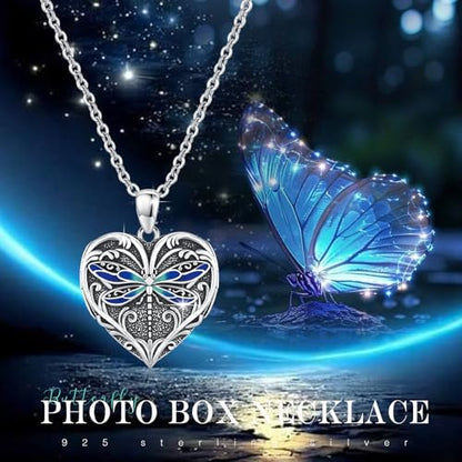 Heart Photo Locket Necklace Sterling Silver for Women | Dragonfly, Butterfly, Turtle, Dog Paw and Mother Daughter Styles, Jewelry Gifts for Mom Christmas Birthday Anniversary. - style: 1-Dragonfly-Blue