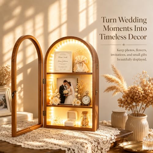 Lighted Shadow Box Frame 10x16, 4-Inch Deep with Removable Shelves | Built-In LED Light Clear Acrylic Door Warm Walnut Finish Memory Box for Medals, Wedding Bouquet, Keepsakes & Pet - color: Walnut With Light