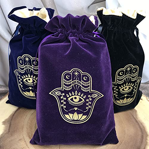 ARTSY CRAFTS 6x9" Hamsa Hand Velvet Jewelry Pouch Gift Bags, Fatima Hand Evil Eye Velvet Drawstring Oracle Tarot Card Rune bags Dice Bag (Eggplant Purple) - color: Eggplant Purple