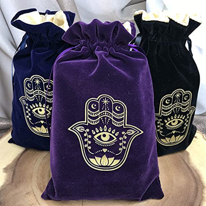 ARTSY CRAFTS 6x9" Hamsa Hand Velvet Jewelry Pouch Gift Bags, Fatima Hand Evil Eye Velvet Drawstring Oracle Tarot Card Rune bags Dice Bag (Eggplant Purple) - color: Eggplant Purple