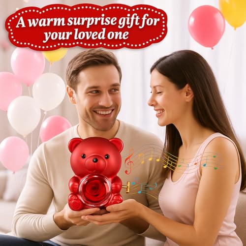 La Vie en Rose Music Box, Red Teddy Bear with Preserved Rose
