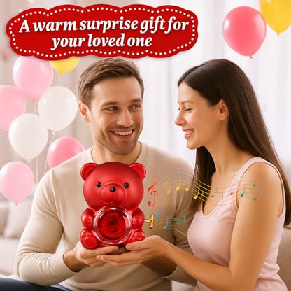 La Vie en Rose Music Box, Red Teddy Bear with Preserved Rose