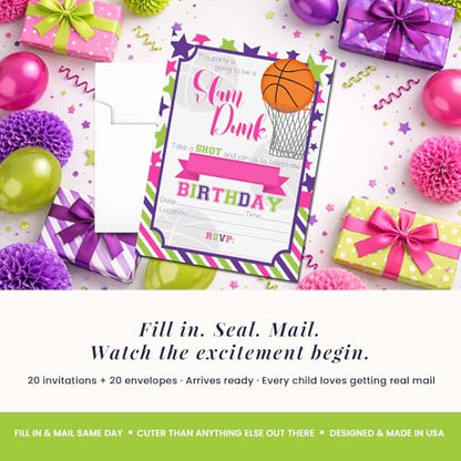Amanda Creation Basketball Birthday Invitations Girls, 20 Pack 5x7 Basketball Invitations for Birthday Party Girl with White Envelopes, Pink Slam Dunk Theme - style: Slam Dunk Basketball Girl